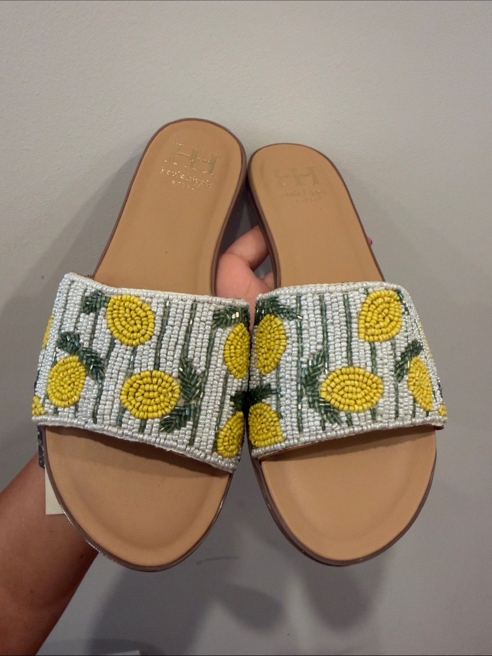 🍋Haute Hippie~Yellow Beaded Slide Sandals SIZE 6.5